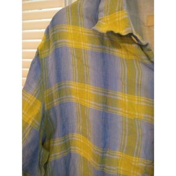 Tommy Bahama plaid 100% linen collared Button Down shirt Large blue & Yellow - Picture 3 of 9